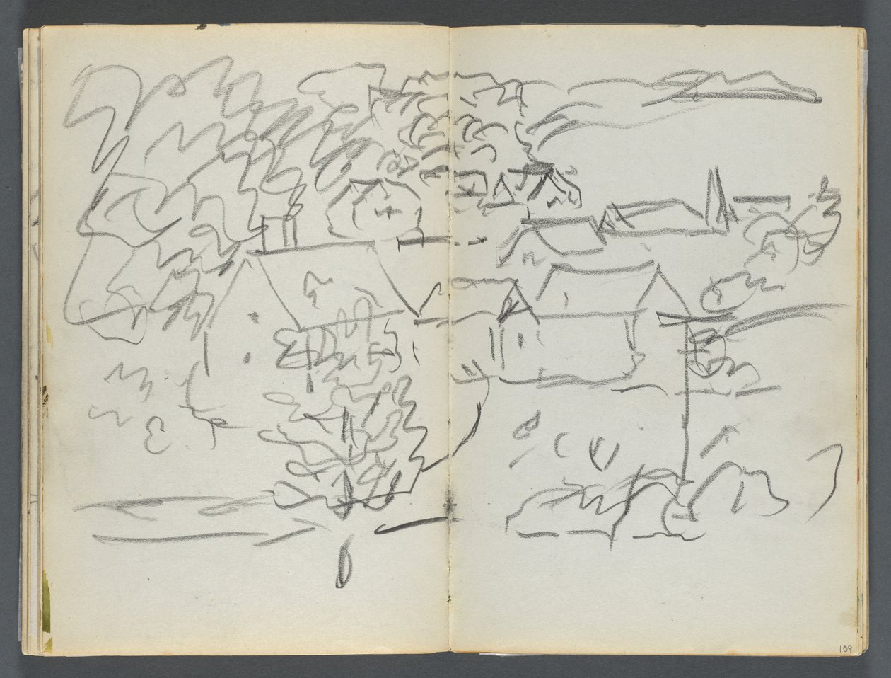 Skissbok, The Dells, nr 127, sidan 108  109: Landskap med hus av Maurice Prendergast