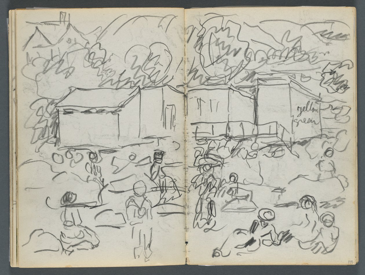 Skissbok, The Dells, nr 127, sidan 114  115: Landskap med figurer och byggnader av Maurice Prendergast