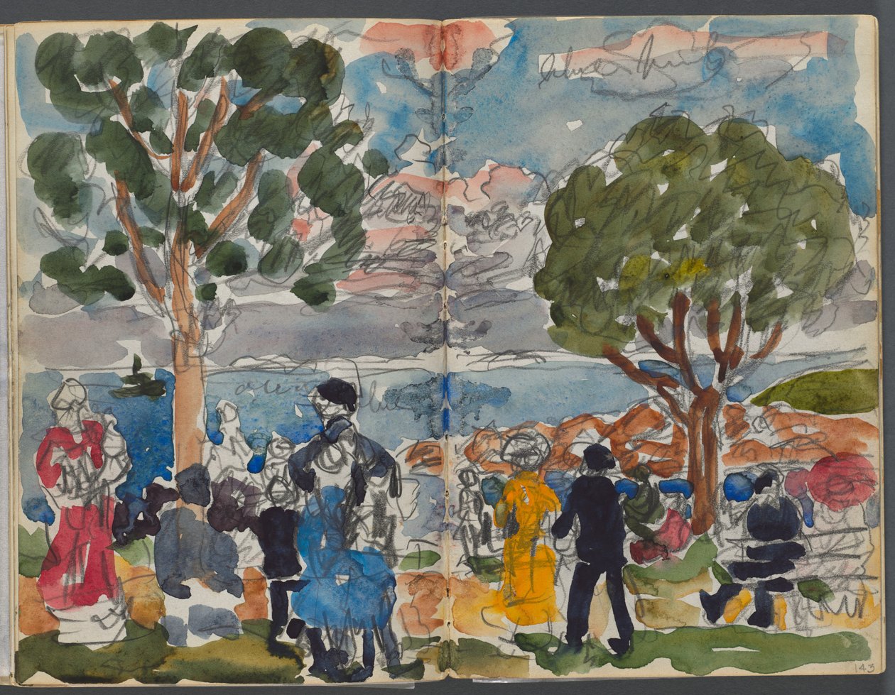 Skissbok, The Dells, nr 127, sidan 142  143: Figurer på en kust av Maurice Prendergast