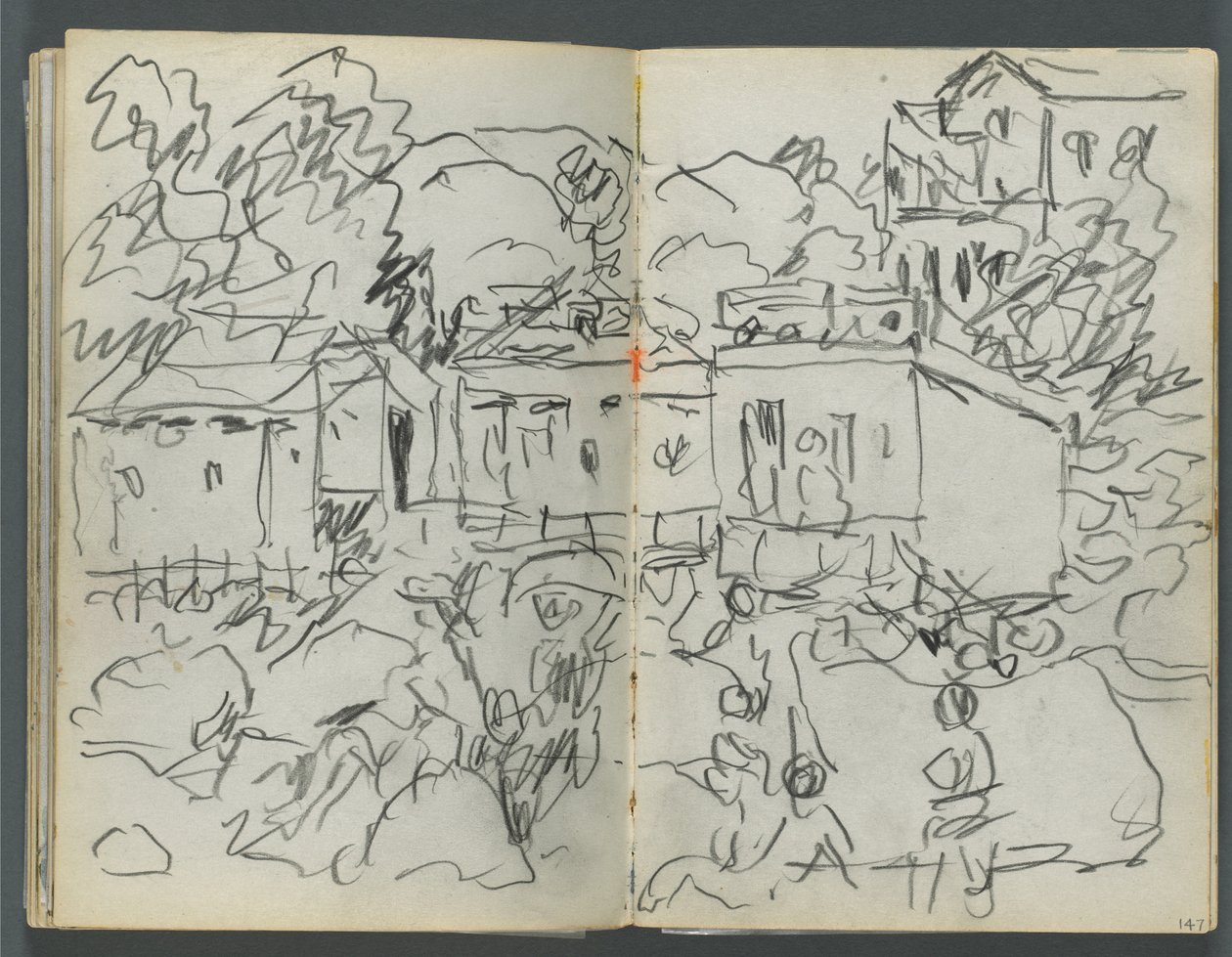Skissbok, The Dells, nr 127, sidan 146  147: Landskap med figurer och byggnader av Maurice Prendergast