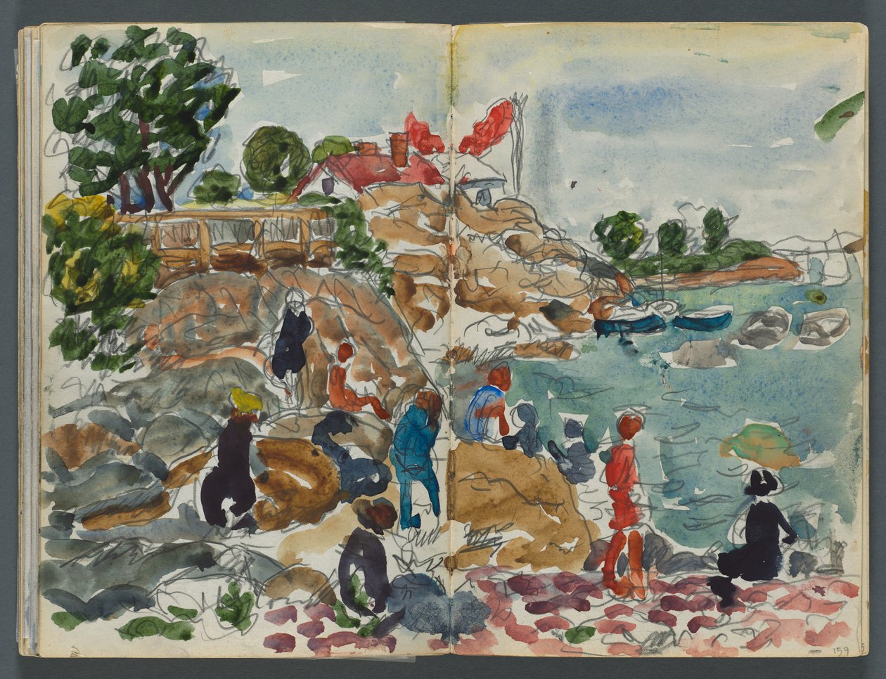 Skissbok, The Dells, nr 127, sidorna 158 och 159: Kustlandskap med figurer av Maurice Prendergast