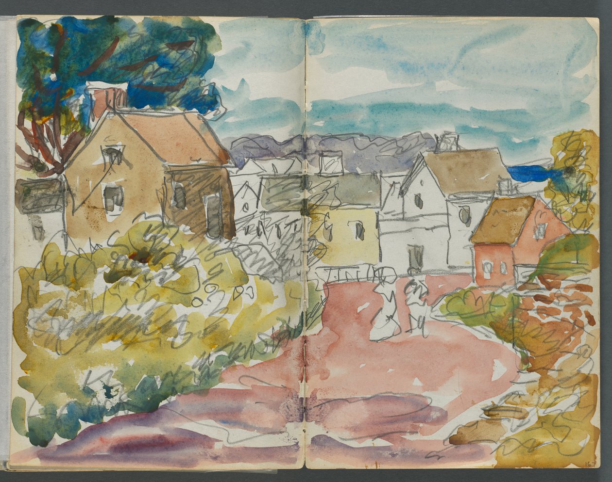 Skissbok, The Dells, nr 127, sidorna 166 och 167: By med hus och väg av Maurice Prendergast