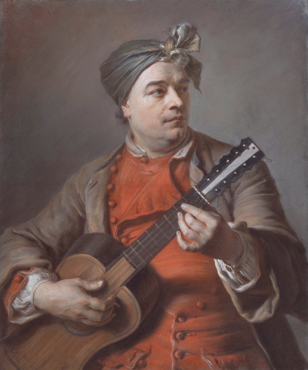 Porträtt av Jacques Dumont Le Romain som spelar gitarr av Maurice Quentin de La Tour