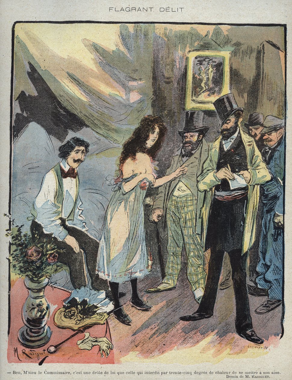 Illustration av Maurice Radiguet (1866-1941) för den franska tidskriften "" Le Rire""" nummer 46 de 1895 - "" Flagrant Delit""" - Ben monsieur kommissarie, det är en rolig lag som förbjuder med 35 graders värme från bli till mods"" av Maurice Radiguet