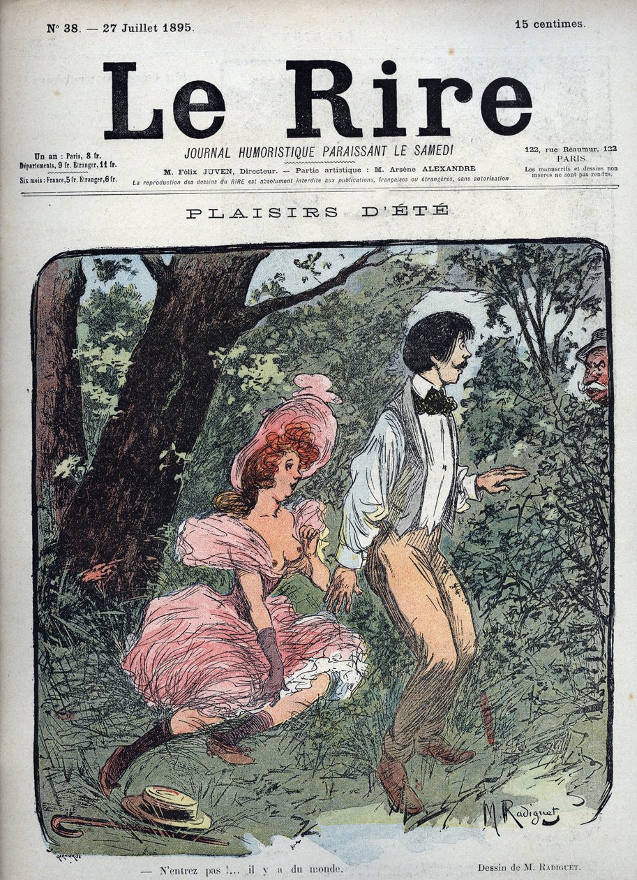 Summer Plaisirs - Två älskare överraskas i en skog av en förbipasserande - Lustration av Maurice Radiguet (1866-1941) för den franska tidningen "" Le Rire"" nummer 38 de 1895 av Maurice Radiguet
