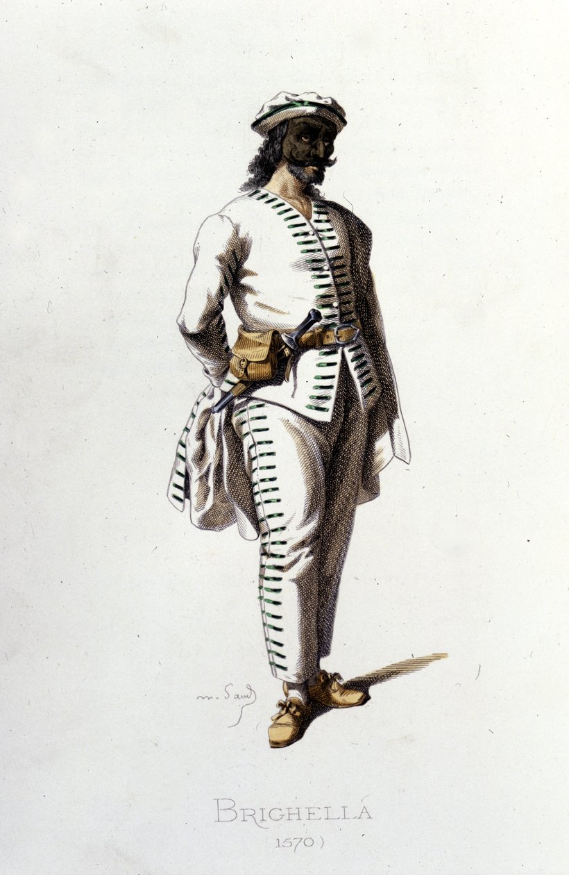 Brighellas karaktär 1570. Maurice Sand "" Masks and Jesters"" Paris 1800-tal. (Maurice Sand var George Sands son). av Maurice Sand