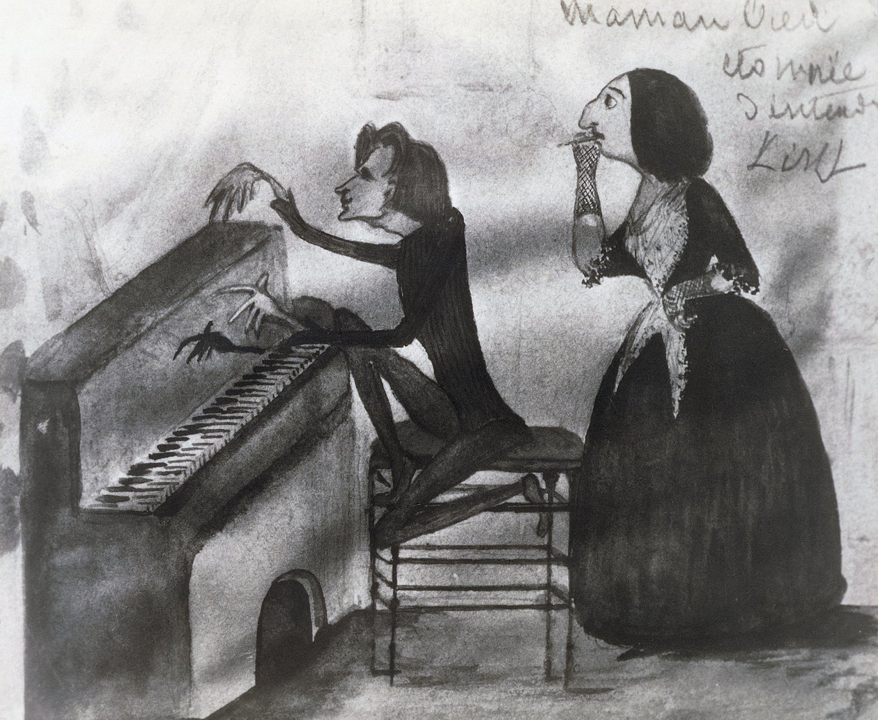 Karikatyr av Franz Liszt (1811-1886) och George Sand (1804-1876) i Nohant 1832, teckning av Maurice Sand (1825-1889) av Maurice Sand