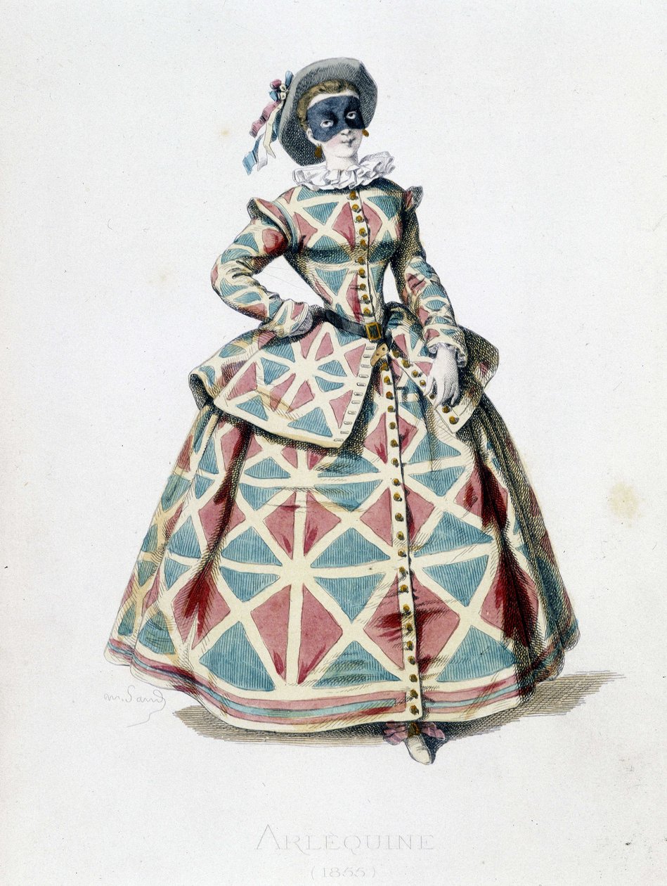 Harlequin kostym och mask 1855, kvinnlig karaktär av Harlequin i commedia dell