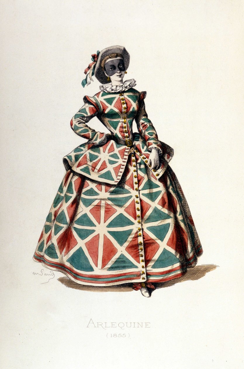 Harlequin kostym och mask 1855, kvinnlig karaktär av Harlequin i commedia dell