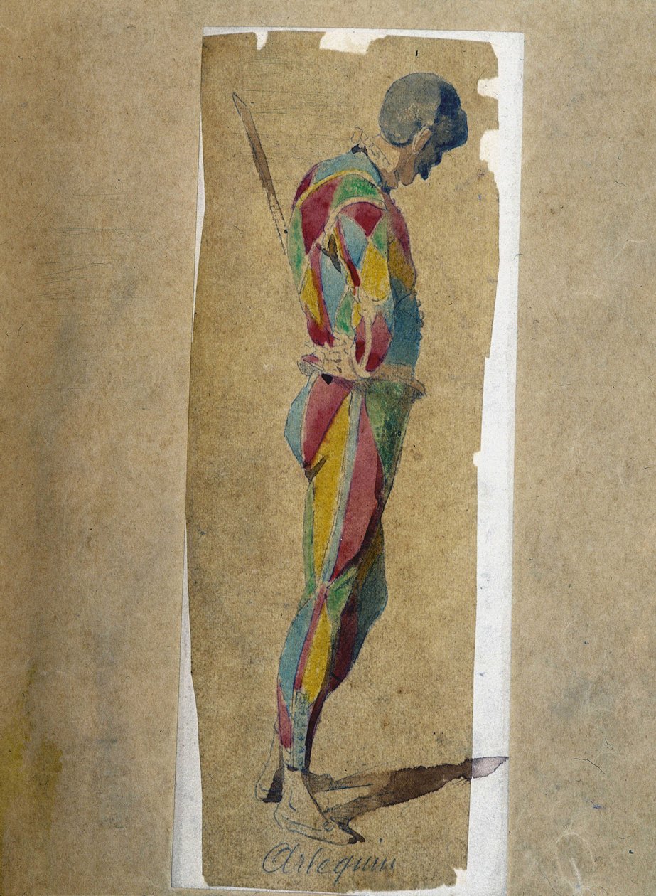 Harlequin, från "" Masques et bouffons"" (italiensk komedi), text och teckningar av Maurice Sand, gravyrer av A. Manceau, förord av Georges Sand av Maurice Sand