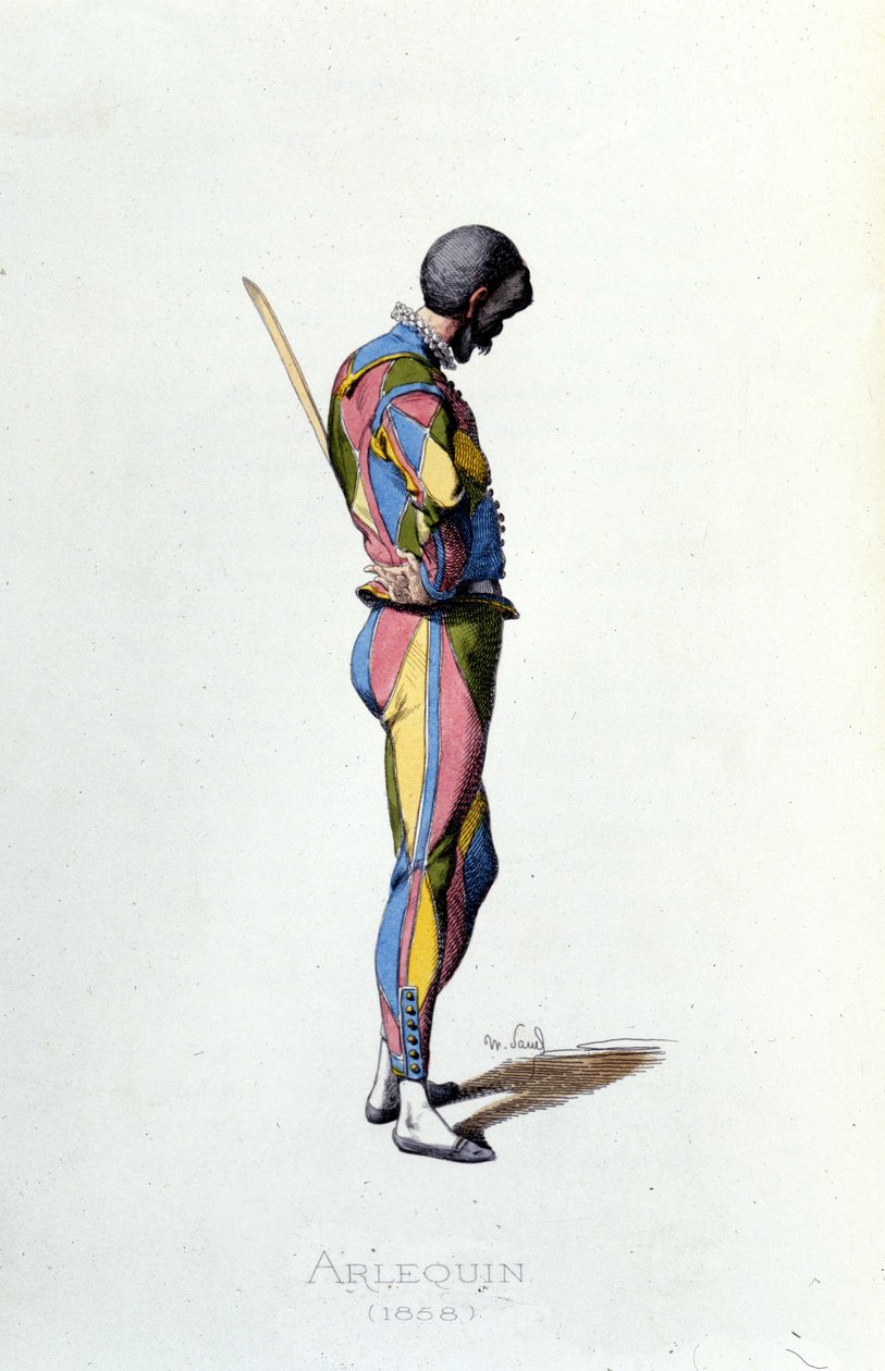 Harlequin 1858. Maurice Sand "" Masks and Jesters"" Paris 1800-tal. (Maurice Sand var son till George Sand) av Maurice Sand