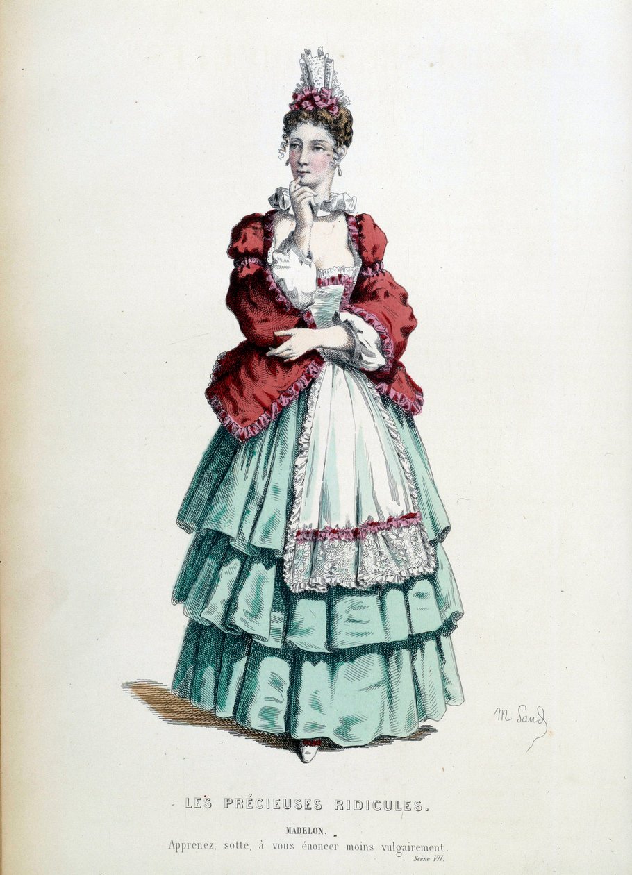 Madelons kostym i stycket "Les precieuses ridicules" av Jean Baptiste Poquelin dit Moliere, illustrerad av Maurice Sand (1823-1889). 1868. Paris, fransk komedi av Maurice Sand