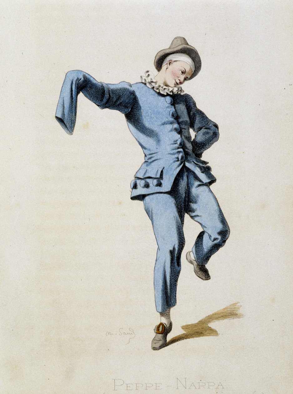 Peppe Nappa (Pierrot eller Peppe-Nappa) hämtar från "Masques et bouffons" (italiensk komedi), text och teckningar av Maurice Sand, tryck av A. Manceau, förord ​​av Georges Sand, Paris, Michel Lévy Frères av Maurice Sand