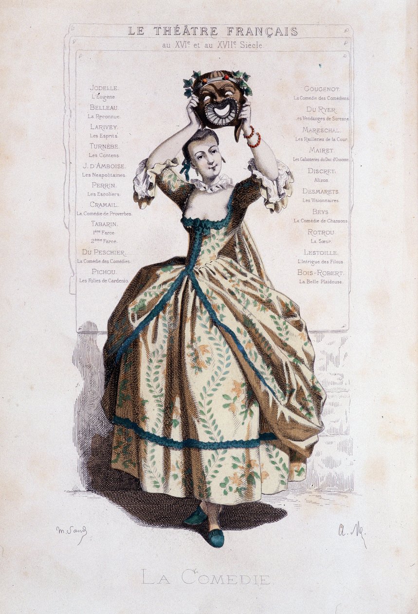 Personifiering av commedia del arte. - Frontispice av “Masques et bouffons”” (italiensk komedi), text och teckningar av Maurice Sand (= Maurice Dudevant), gravyrer av A. Manceau, förord ​​av Georges Sand, Paris, Michel Lévy Frères av Maurice Sand