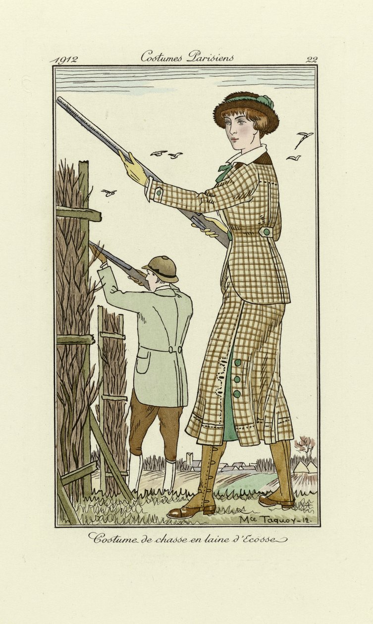 Design för damer i Tweed Shooting Outfit, från Costumes Parisien, pub.1912 (pochoir-tryck) av Maurice Taquoy