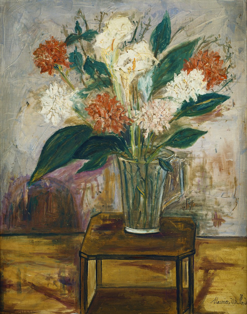 Vase of Flowers on a Table; Vas med blommor på ett bord av Maurice Utrillo