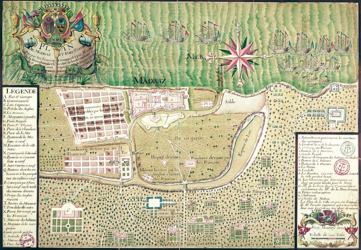 Karta över Madras vid tiden för erövringen av staden och fortet St. George 1746 av fransmännen under befäl av Mahe de la Bourdonnais, 1750 9färgad gravyr) av Maurille Antoine Moithey