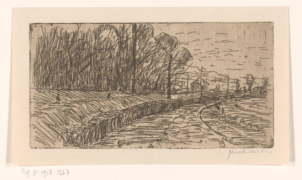 Landskap med väg, skogsbryn och elstolpar av Maurits van der Valk (signed by artist)