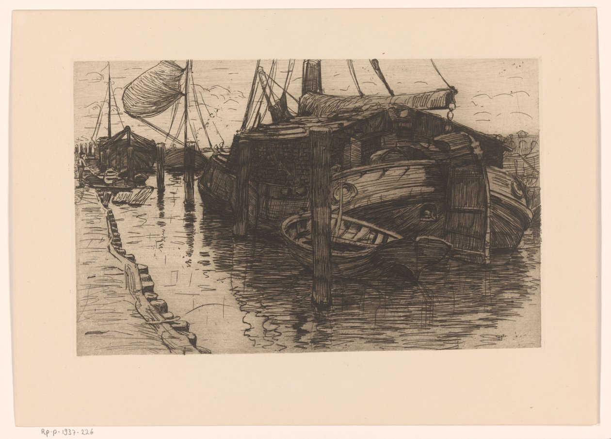 Förtöjda båtar i en hamn Förtöjd segelpråm (originaltitel) av Maurits van der Valk