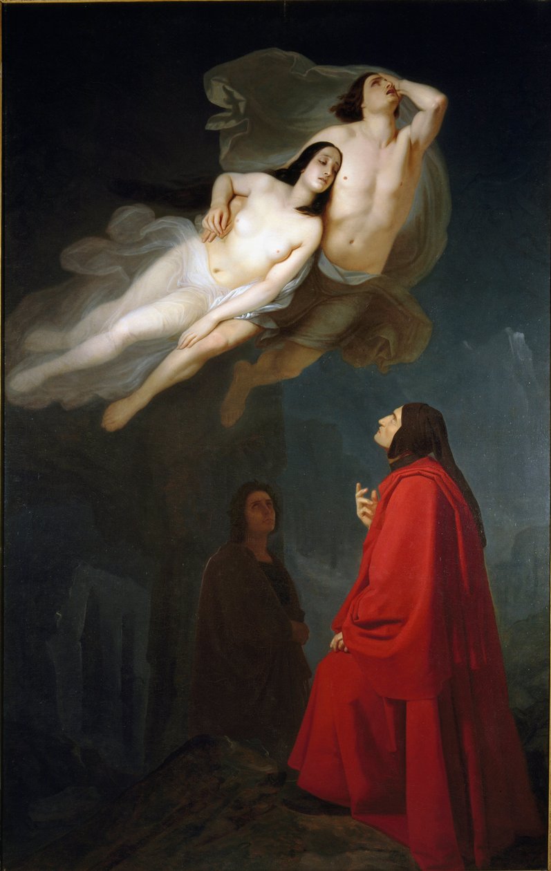 Dante och Virgil möter Francesca da Rimini och hennes svåger Paolo Malatesta, skyldiga till äktenskapsbrott, i lustens cirkel i underjorden.” av Maurizio Frascheri