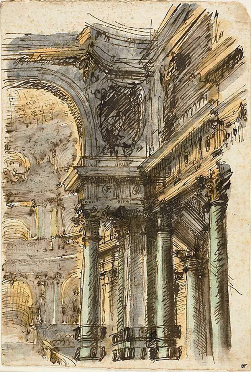 Arkitektonisk Fantasy (recto); Arkitektoniska detaljer (verso) av Mauro Antonio Tesi