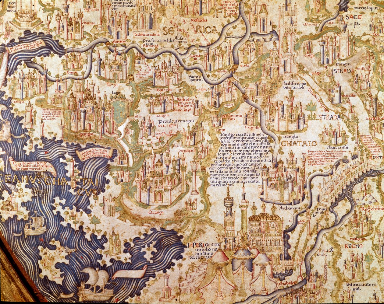 Vy över Kina (Cambaluc, nu Peking) Detalj av världskartan (mapamundi) av bror Maurus (Mauro) Camaldolese 1459 (karta) av Mauro Fra