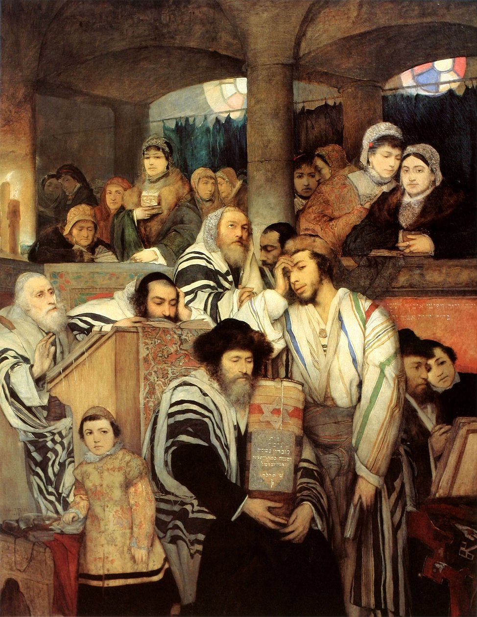 Judar ber i synagogan på Yom Kippur av Maurycy Gottlieb