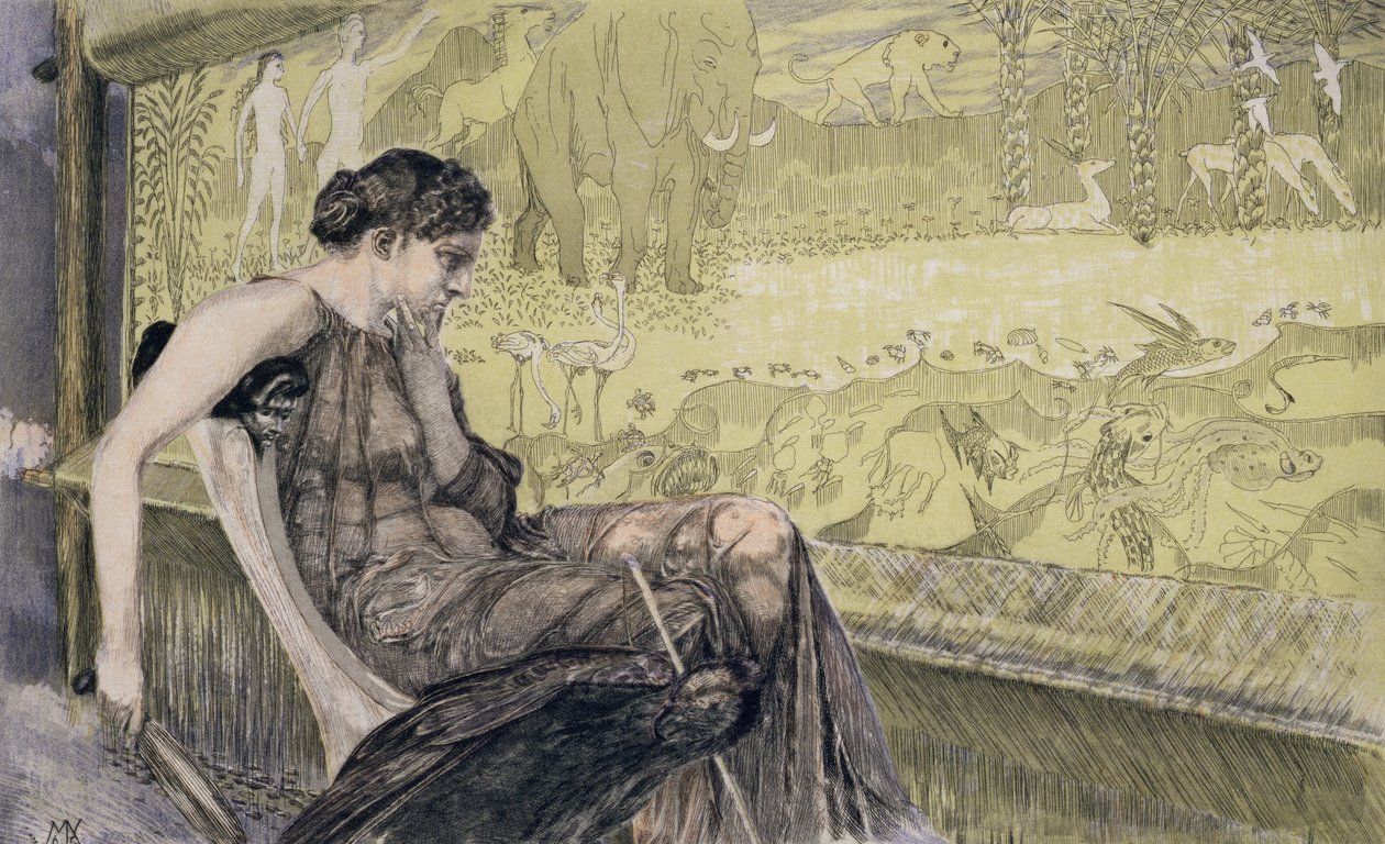 Penelope väver ett hölje för Laertes sin svärfar medan hon väntar på återkomsten av sin man Odysseus, 1895 (färgerad etsning) av Max Klinger
