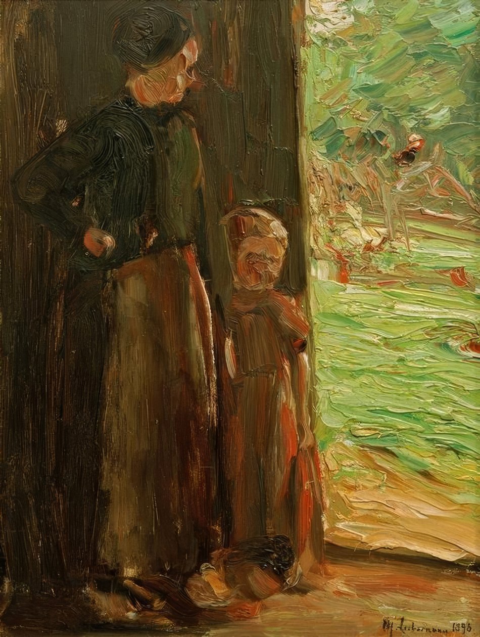 Bondekvinna med barn under dörren av Max Liebermann