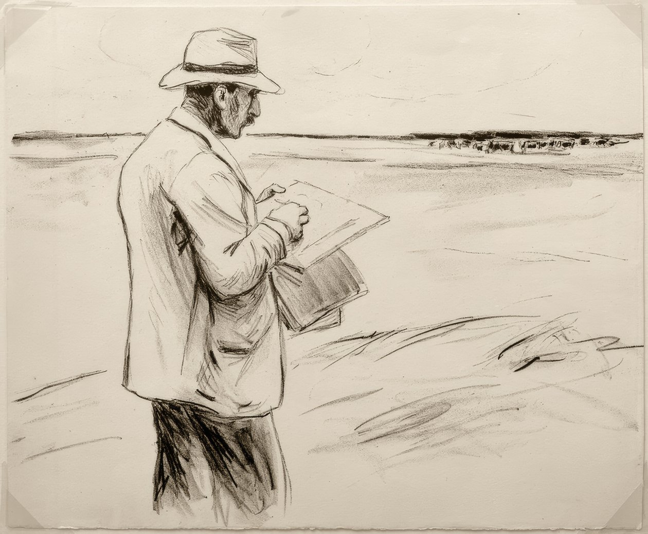 M.Liebermann, självporträtt, teckning utomhus av Max Liebermann