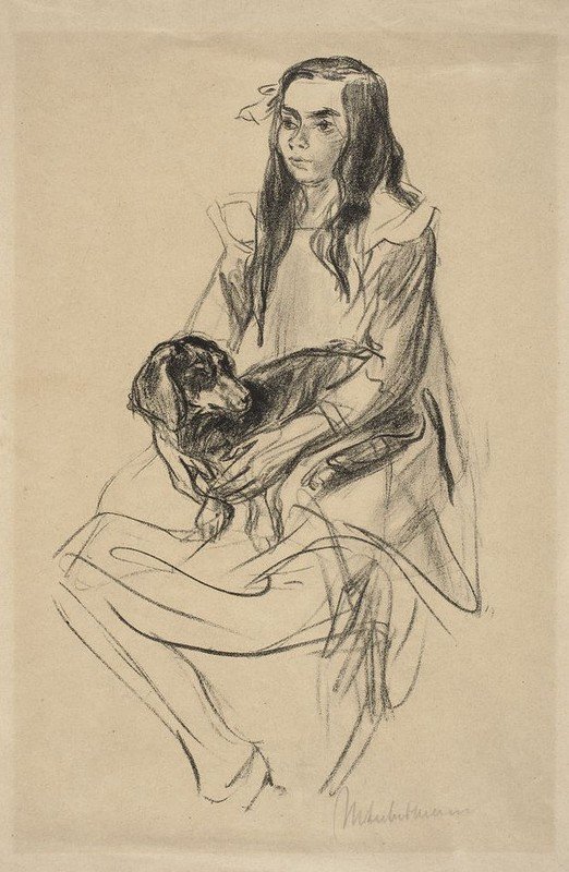 Sitzendes Mädchen mit Teckel av Max Liebermann