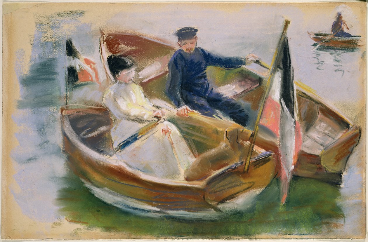 Två båtar med flaggor, Wannsee, 1910 (pastell på papper) av Max Liebermann