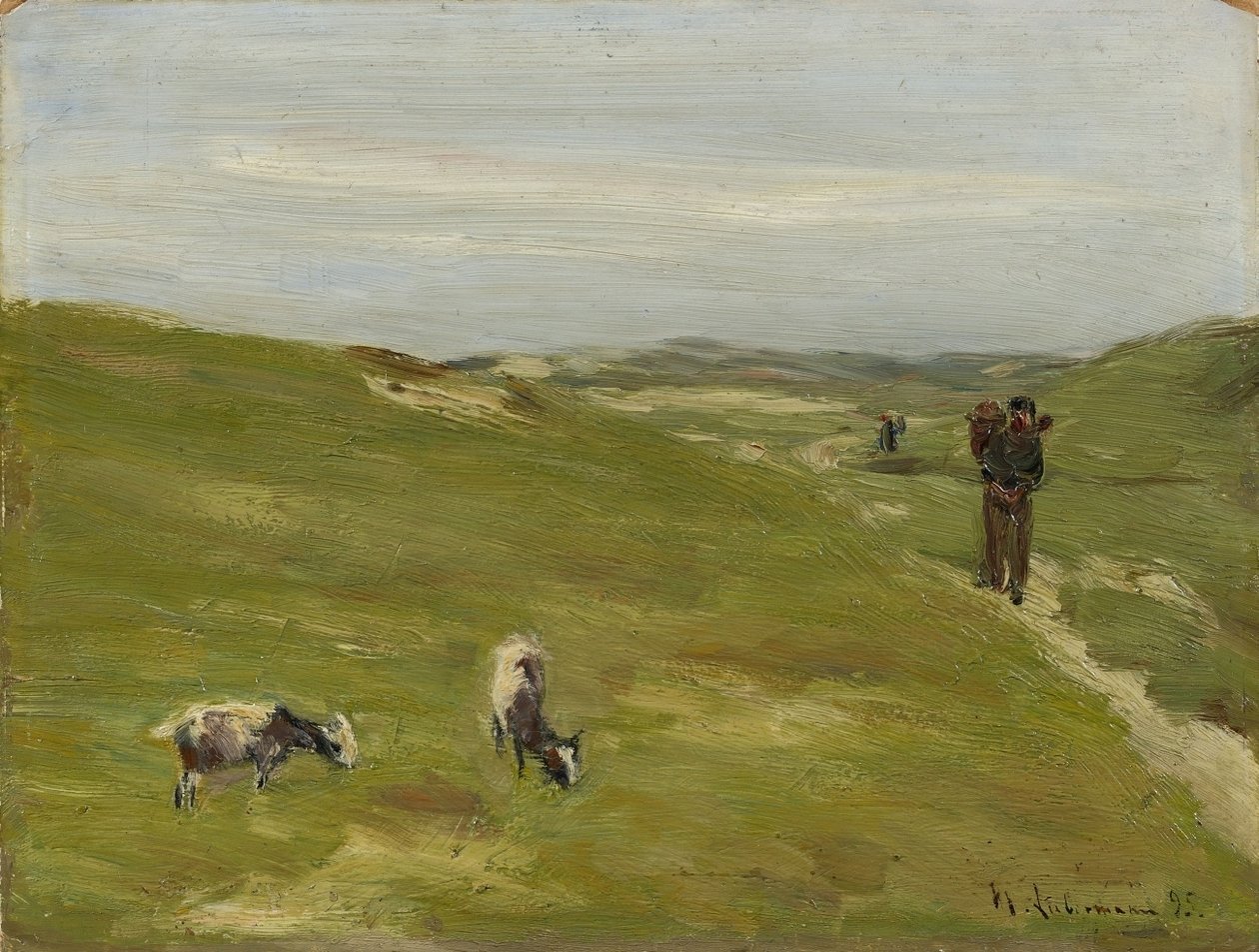 Wiese mit Bauer und grasenden Ziegen av Max Liebermann
