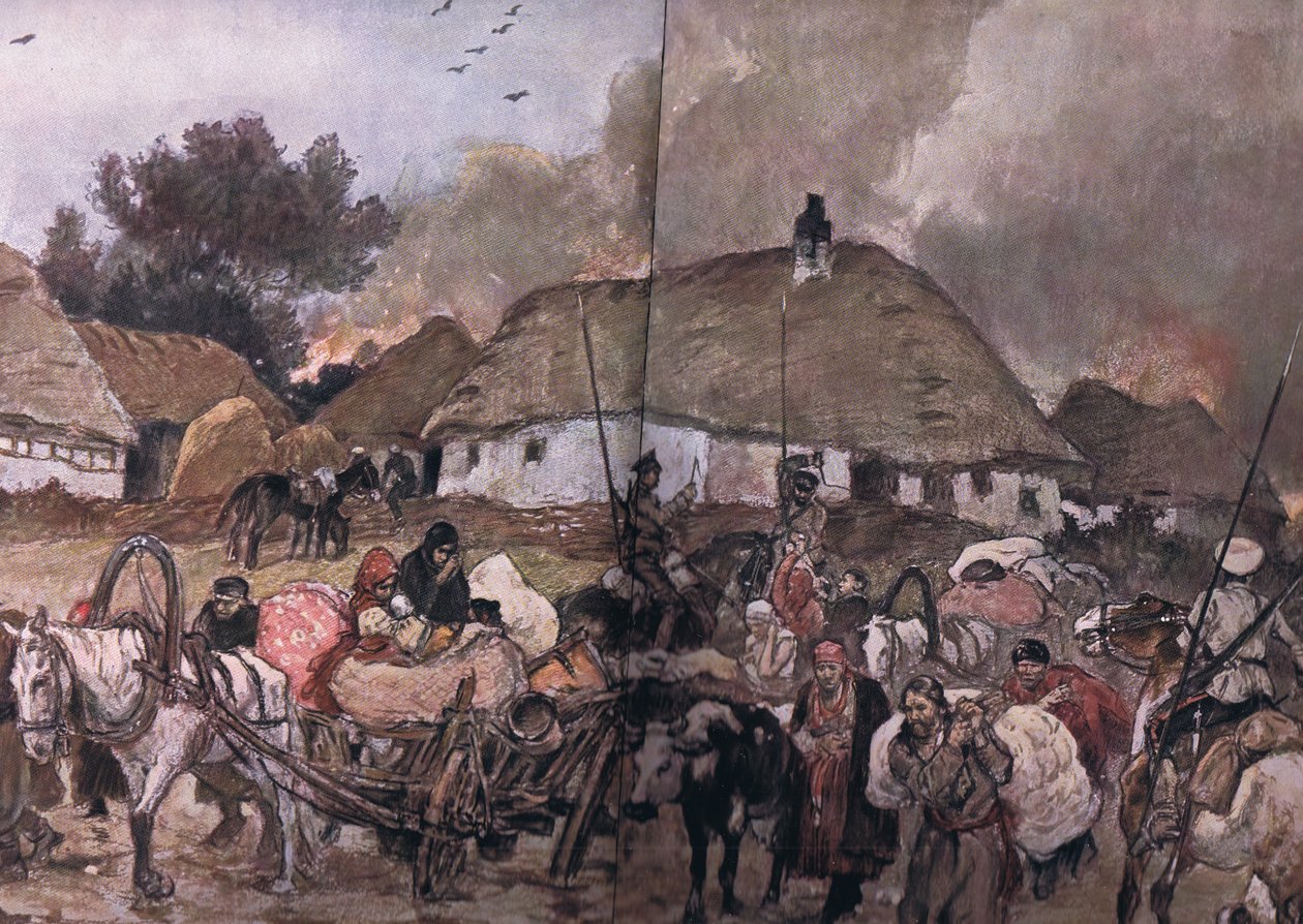På väg till Brest-Litowsk: Polska flyktingar med kosacker efter i bakkanten, från puben The Illustrated History of the World War 1914-1915. av Union Berlagsefellfchaft, 1922 Vol. 3 av Max Tilke