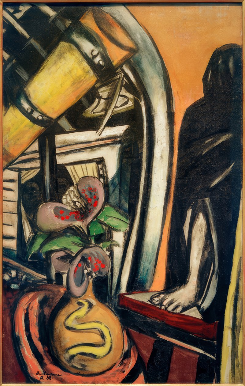 Atelier (natt). Stilleben med ett teleskop och en beslöjad figur av Max Beckmann