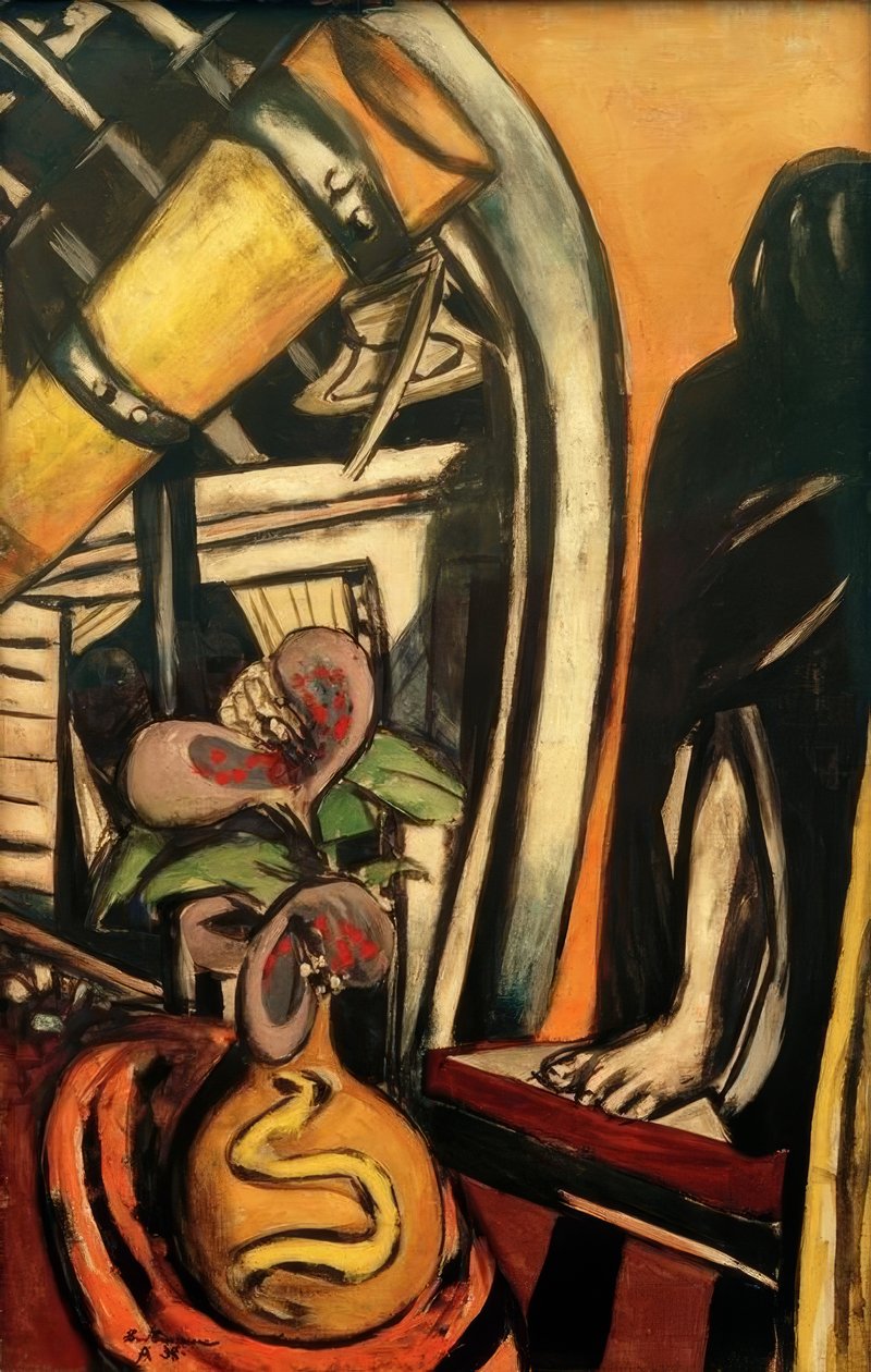Studio (natt). Stilleben med teleskop och slöjdfigur av Max Beckmann