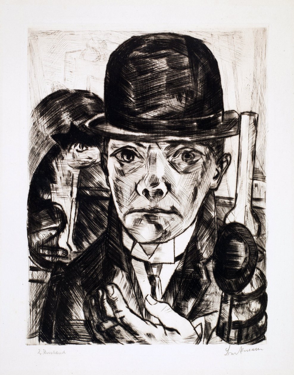 Självporträtt med bowlerhatt. Gravyr av Max Bechmann (1884-1950) av Max Beckmann