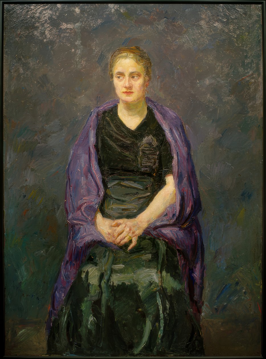 Porträtt av Minna Beckmann-Tube med lila halsduk av Max Beckmann