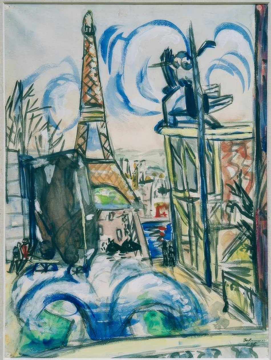 Vy över världsutställningsområdet under uppbyggnad med Eiffeltornet av Max Beckmann