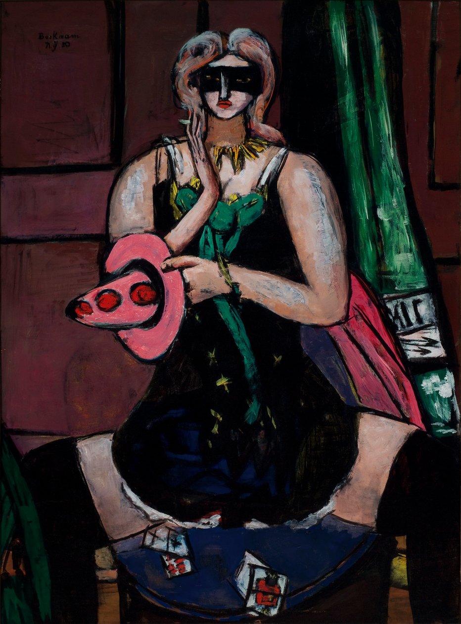 Karnevalsmask, grön, violett och rosa (akleja) av Max Beckmann