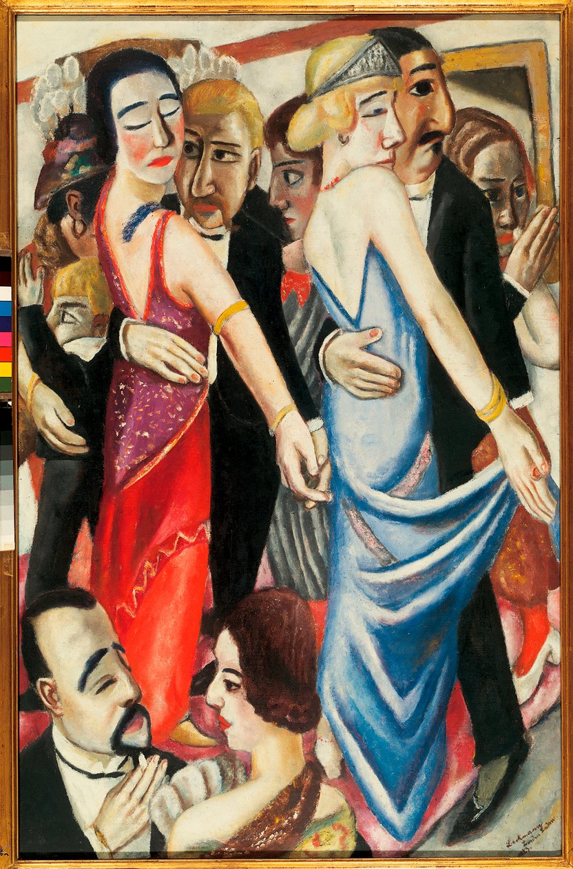 Dans i Baden Baden (Tyskland). Beskrivning av par i aftonklänning, med sorgliga blickar. Målning av Max Beckmann (1884-1950), olja på duk av Max Beckmann