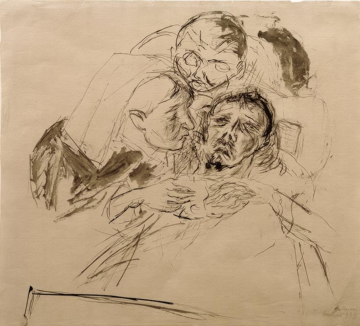 Sjuksköterska och mansfigur, böjd över en sjuk person av Max Beckmann