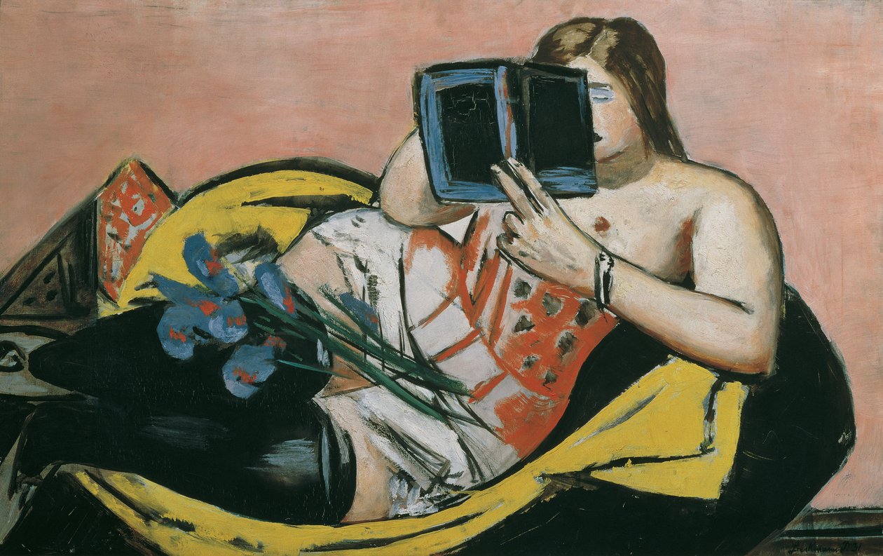 Kvinna som ligger med en bok och iris av Max Beckmann