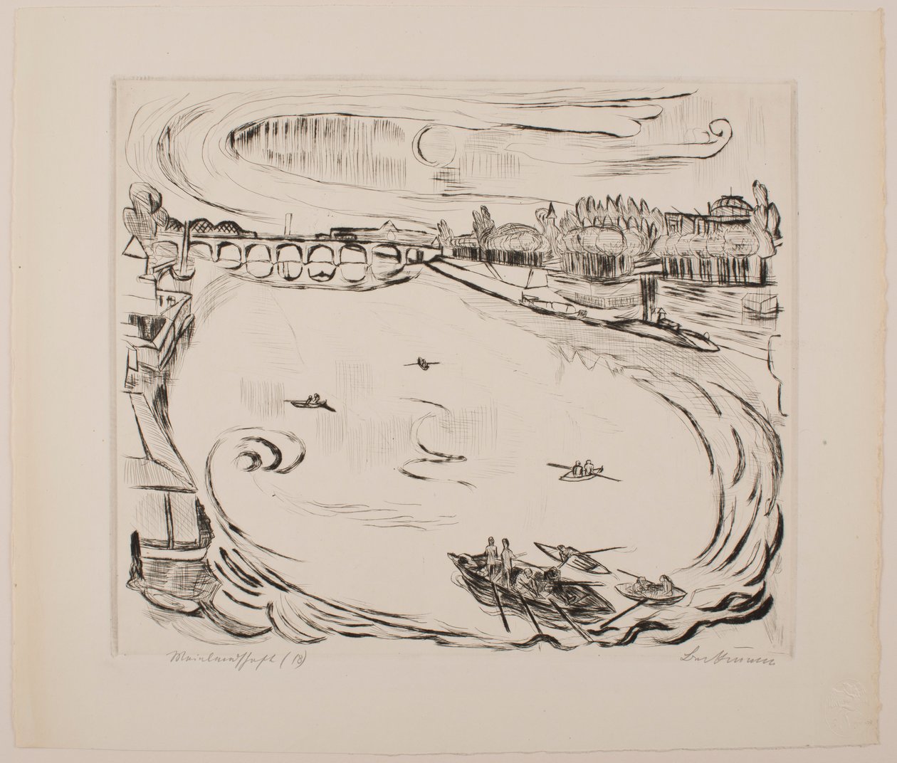 Main River Landscape, skylt 6 från portföljen "Faces" av Max Beckmann