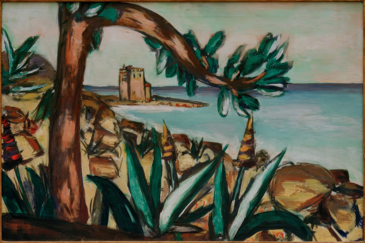 Havslandskap med ett gammalt slott och agaver av Max Beckmann