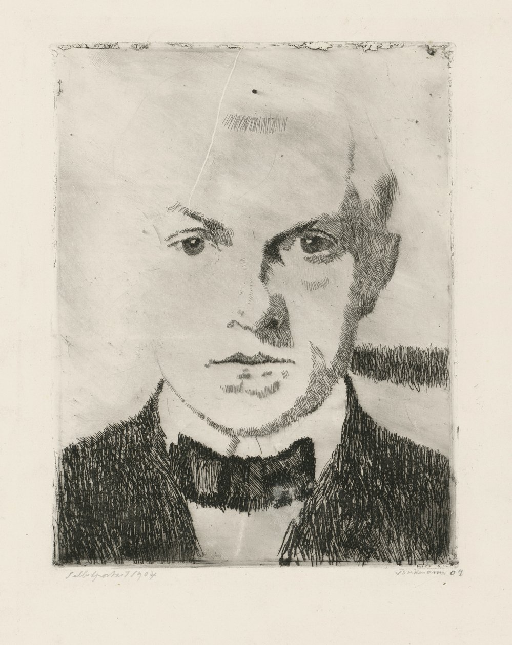 Självporträtt (baksida: första upplagan av kallnålsetningen ”Liebespaar” från 1916, Hofmaier 88 I) av Max Beckmann