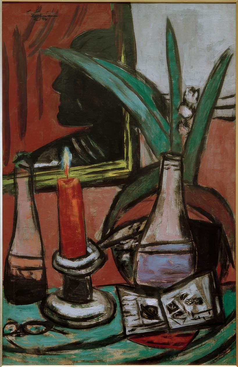 Självporträtt i den stora spegeln med ett ljus av Max Beckmann
