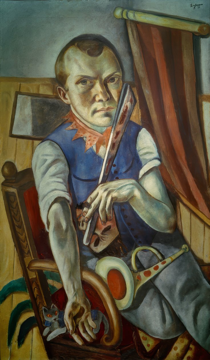 Självporträtt med spjälsäng och trumpet (självporträtt som clown) av Max Beckmann