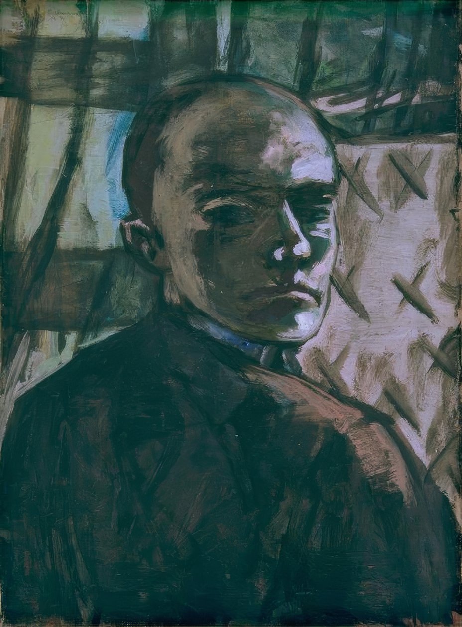 Självporträtt med grön gardin av Max Beckmann