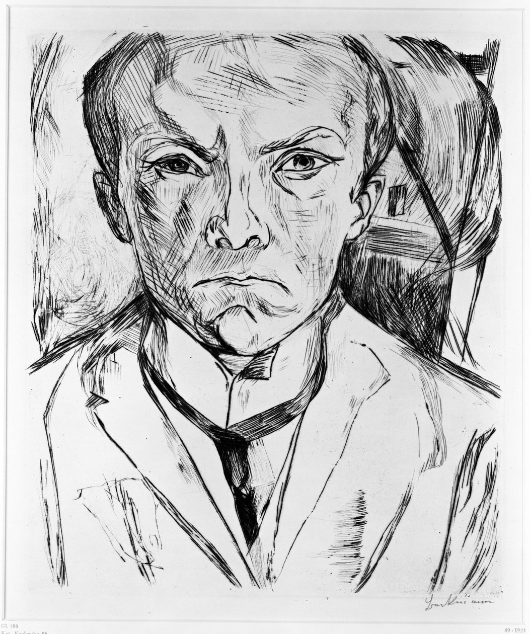 Självporträtt framifrån, med en husgavel i bakgrunden av Max Beckmann